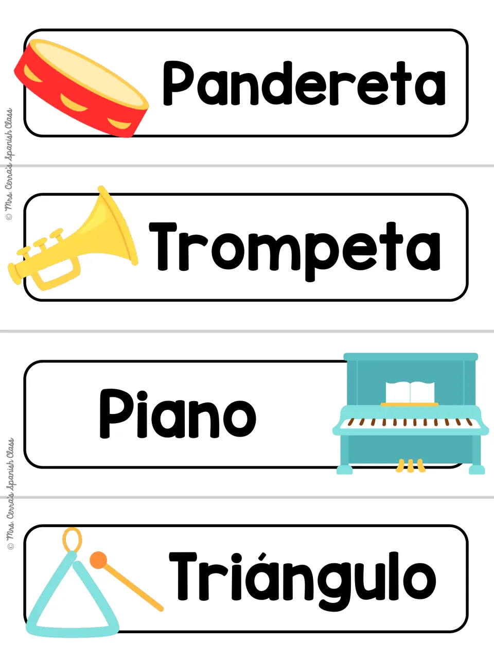 White-background version of the pandereta, trompeta, piano and triángulo cards, each Spanish word with matching clip art