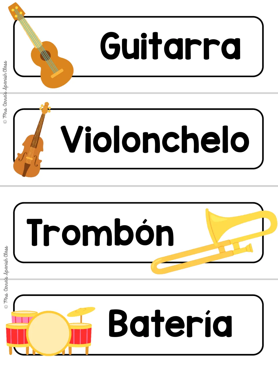White-background version of the guitarra, violonchelo, trombón and batería cards, each Spanish word with its image