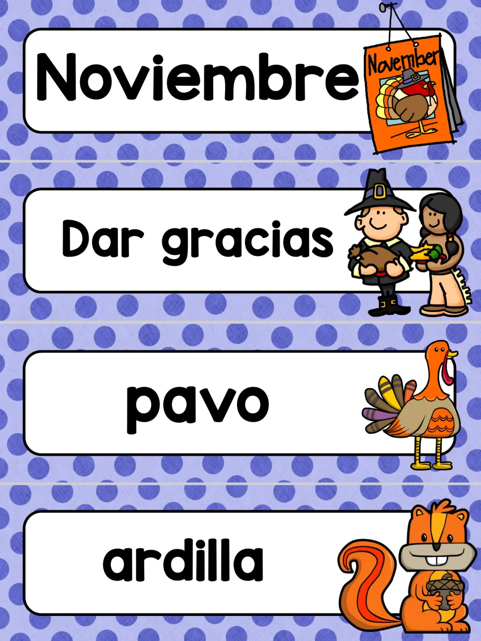 Spanish word wall cards 5–8: Noviembre (November), Dar gracias (give thanks), pavo (turkey) and ardilla (squirrel)