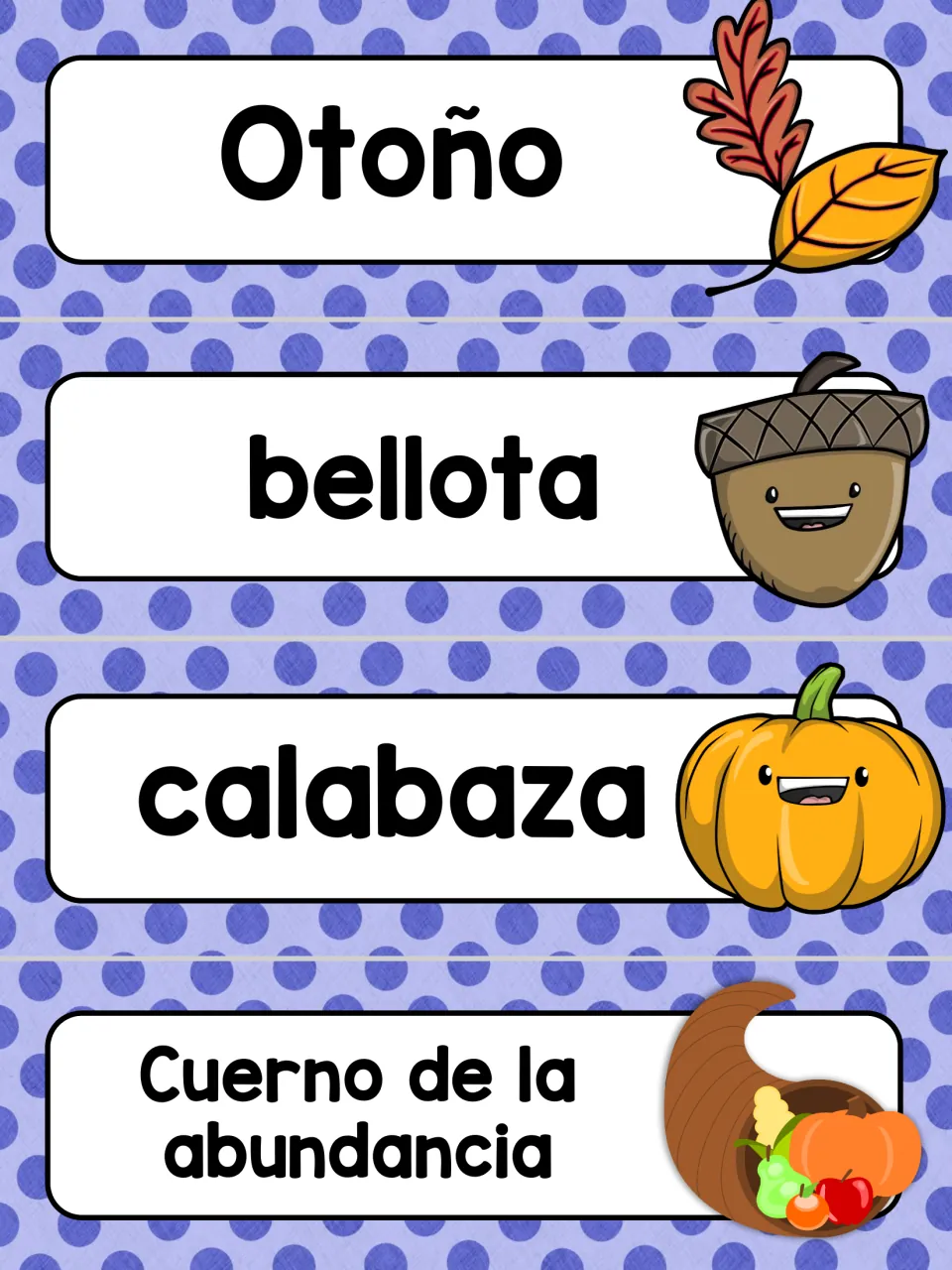 Spanish word wall cards 9–12: Otoño (fall), bellota (acorn), calabaza (pumpkin) and Cuerno de la abundancia
