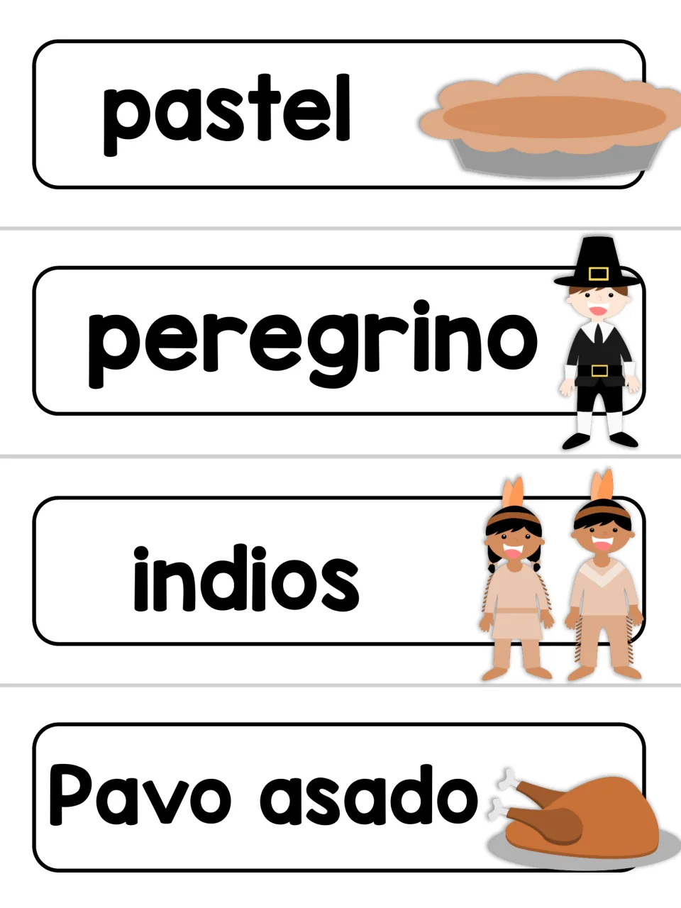 Alternate Spanish word wall cards 1–4: pastel (pie), peregrino (pilgrim), indios and Pavo asado (roast turkey)