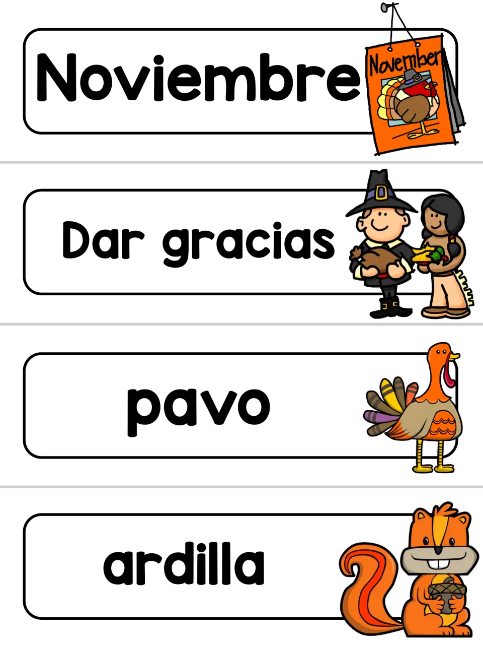 Alternate Spanish word wall cards 5–8: Noviembre (November), Dar gracias (give thanks), pavo and ardilla
