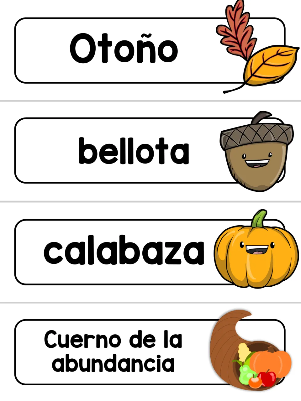 Alternate Spanish word wall cards 9–12: Otoño (fall), bellota (acorn), calabaza and Cuerno de la abundancia