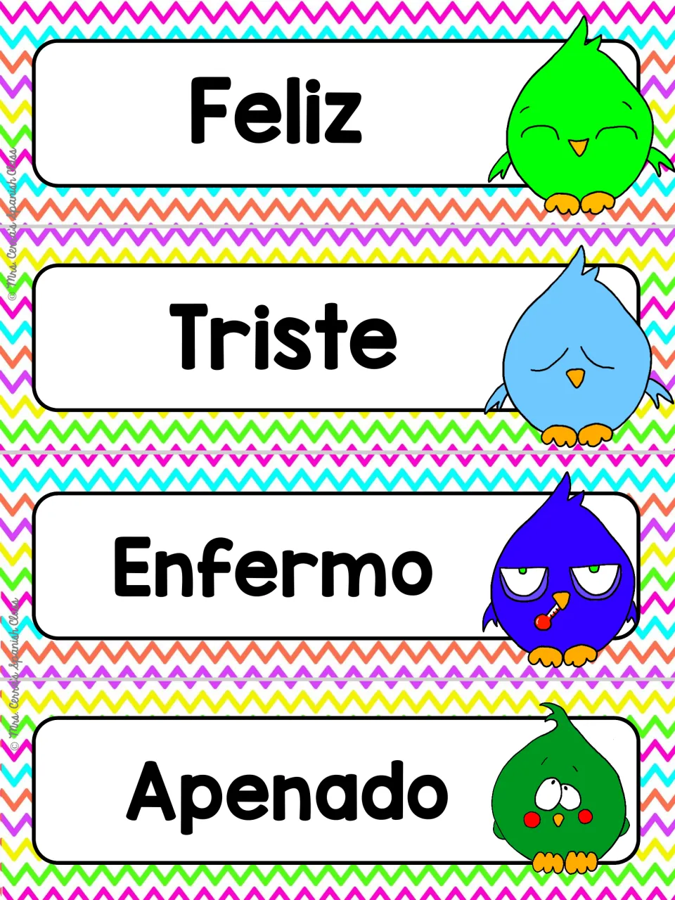 Spanish feelings adjectives on rainbow chevron cards: Feliz, Triste, Enfermo and Apenado, each with an expressive bird