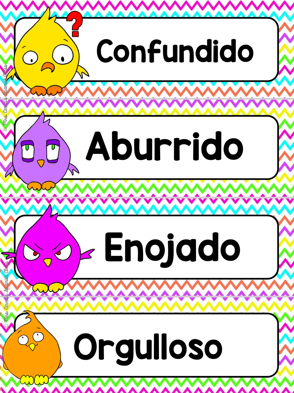 Spanish emotion adjectives on rainbow chevron cards: Confundido, Aburrido, Enojado and Orgulloso, each with a cartoon bird