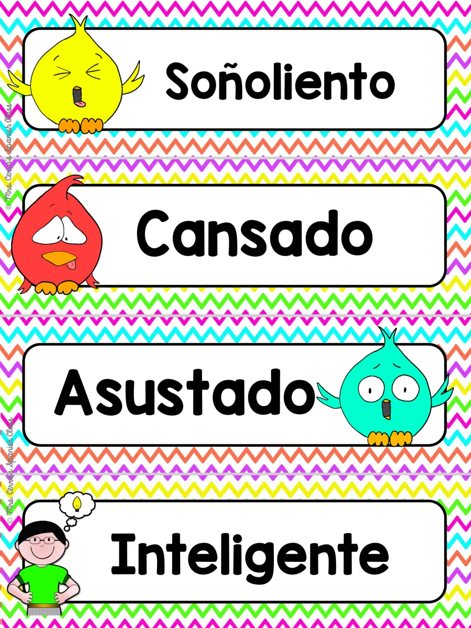 Spanish adjectives on chevron cards: Soñoliento, Cansado and Asustado birds, plus Inteligente with a thinking boy