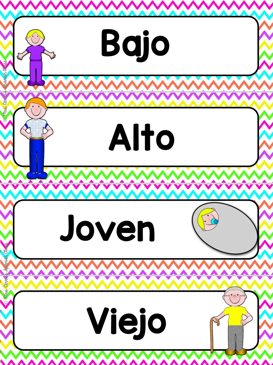 Spanish opposites on chevron cards: Bajo and Alto with short and tall figures, Joven with a baby, Viejo with an old man