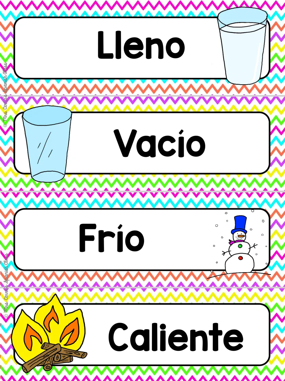 Spanish opposites on chevron cards: Lleno and Vacío with glasses, Frío with a snowman, Caliente with a campfire
