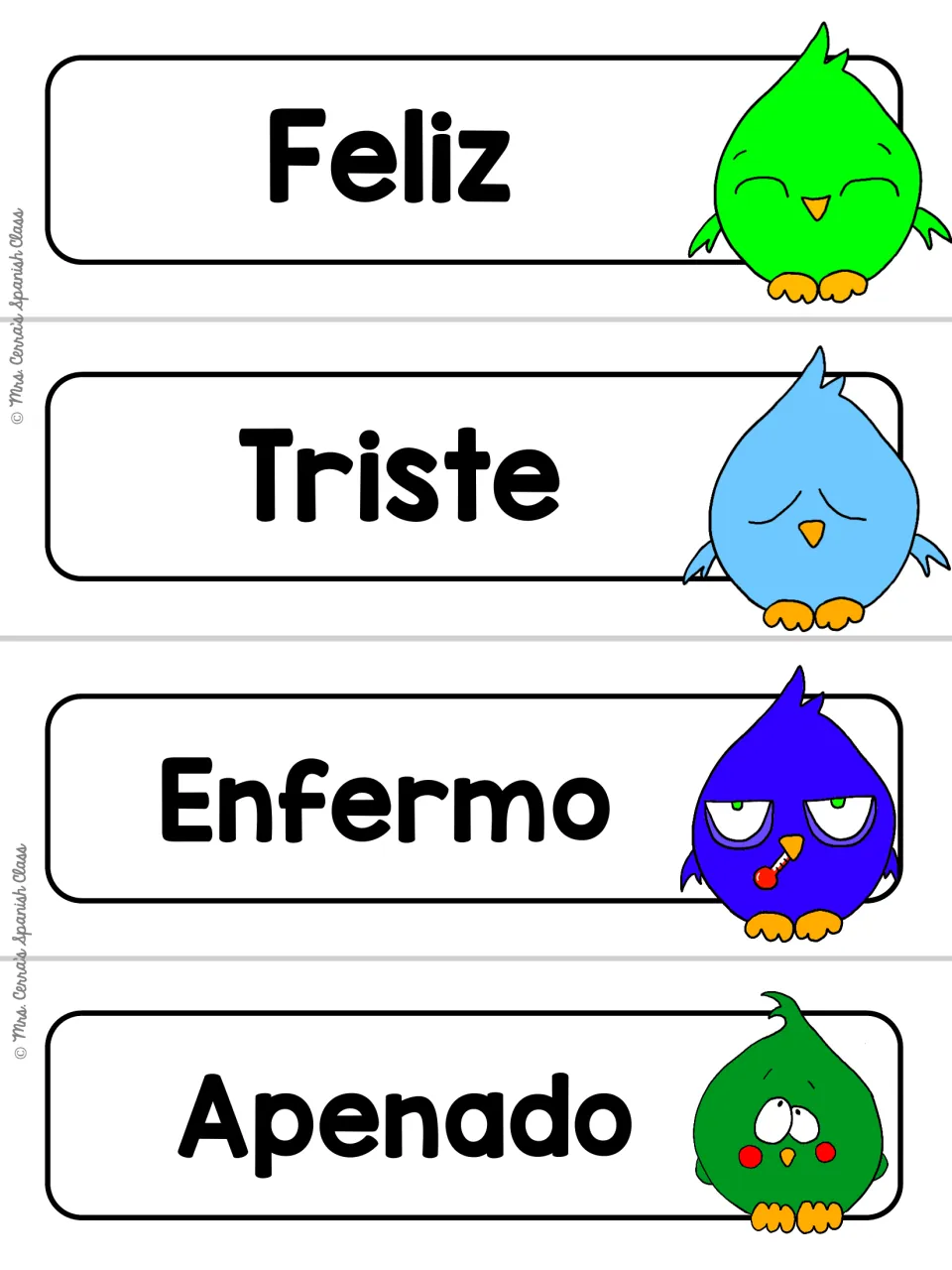 White-background version of feelings cards Feliz, Triste, Enfermo and Apenado, each with a cartoon bird expression