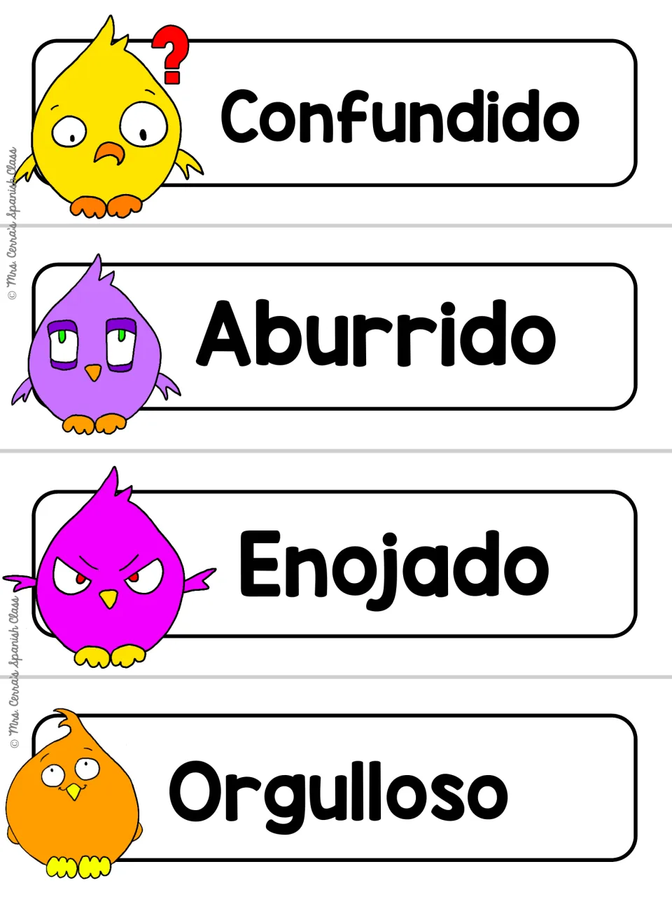 White-background version of emotion cards Confundido, Aburrido, Enojado and Orgulloso, each shown with a cartoon bird