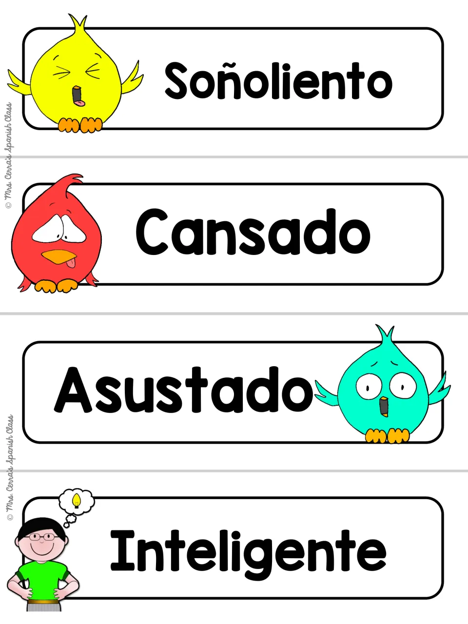 White-background version of Soñoliento, Cansado, Asustado and Inteligente cards with bird pictures and a thinking boy