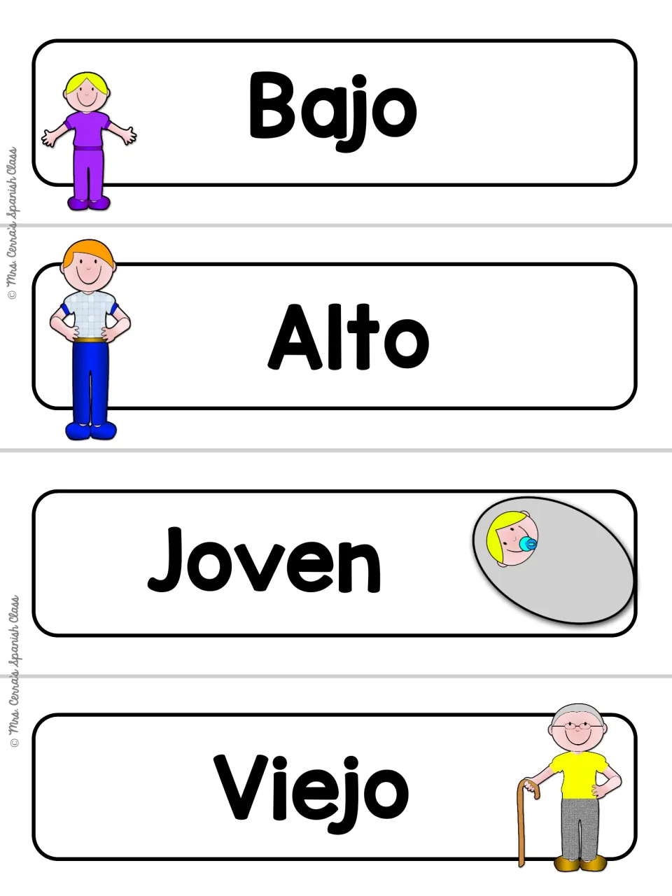 White-background version of opposites Bajo, Alto, Joven and Viejo, with short and tall figures, a baby and an old man