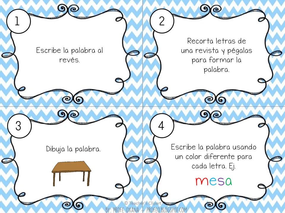 Spanish word work cards 1–4: write backward, assemble magazine letters, draw the word, and color each letter
