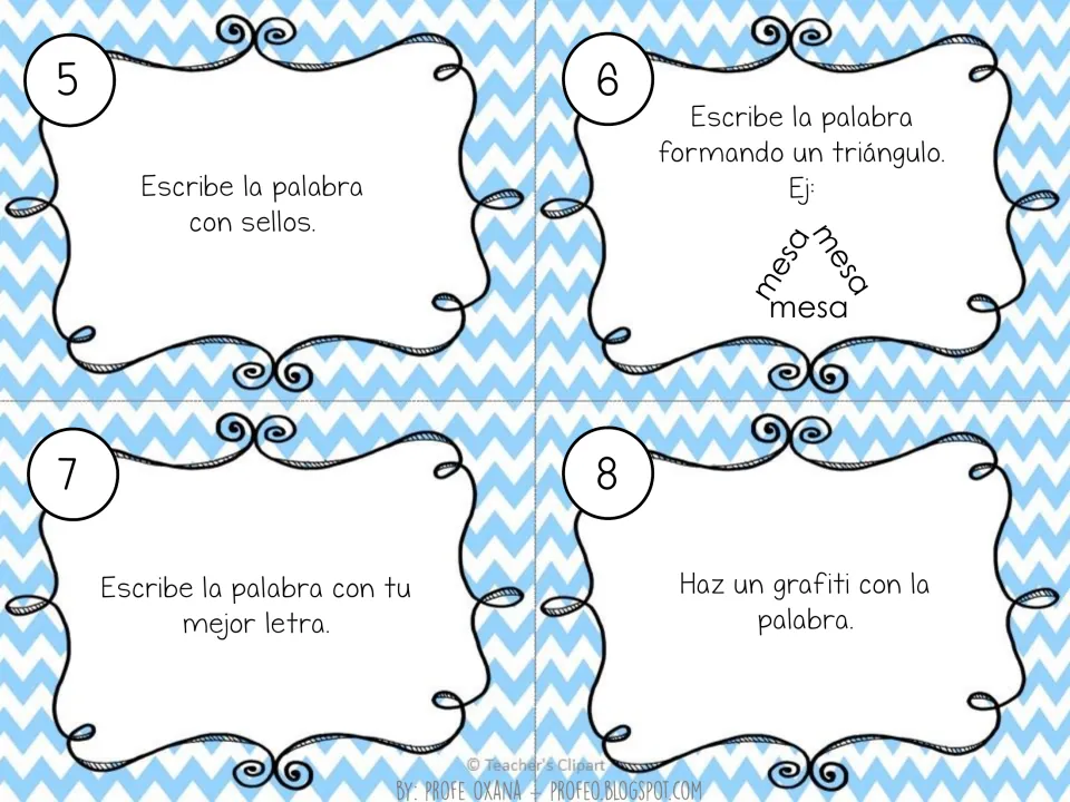 Spanish word work cards 5–8: use stamps, write the word as a triangle, use best handwriting, and make graffiti