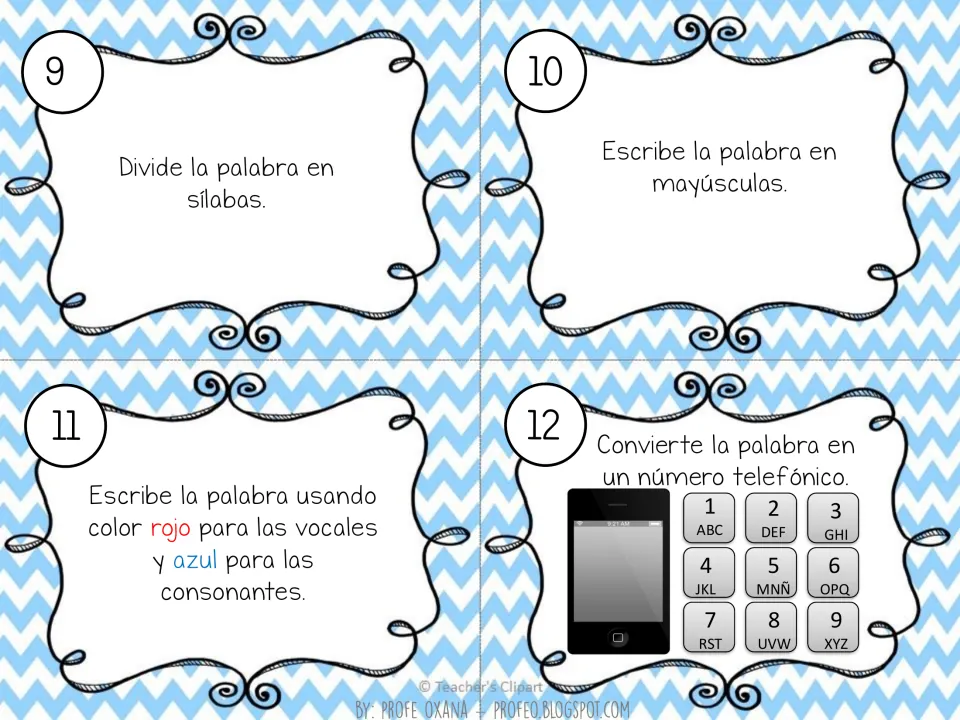 Spanish word work cards 9–12: divide syllables, use uppercase, color vowels and consonants, and make a phone number