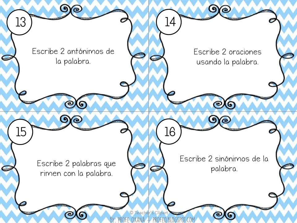 Spanish word work cards 13–16: write two antonyms, two sentences, two rhyming words, and two synonyms