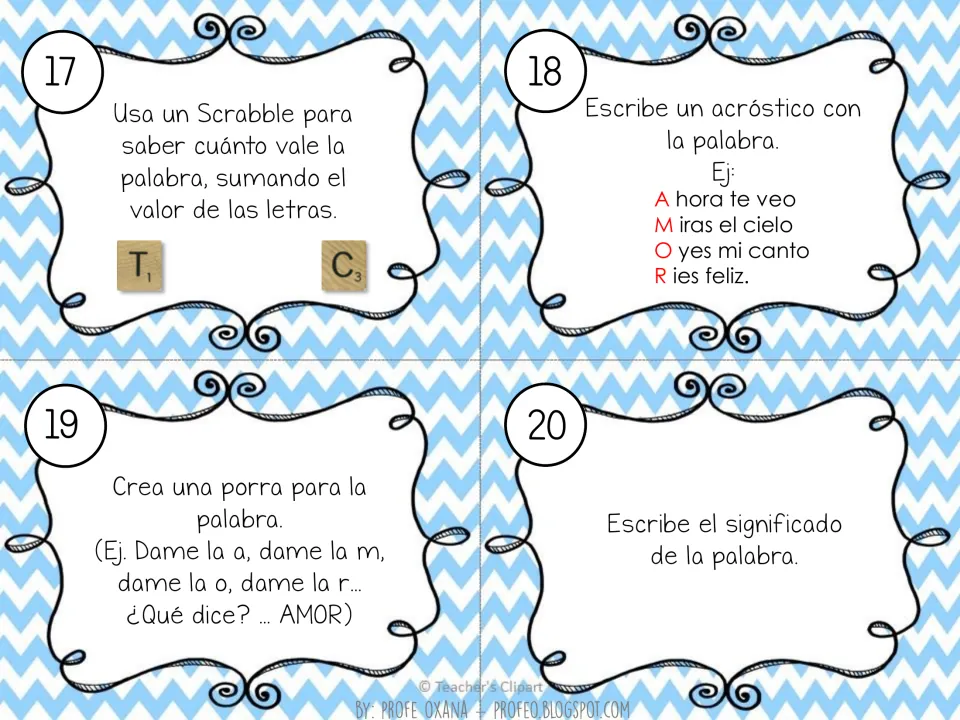 Spanish word work cards 17–20: total Scrabble letter values, write an acrostic, create a cheer, and define the word