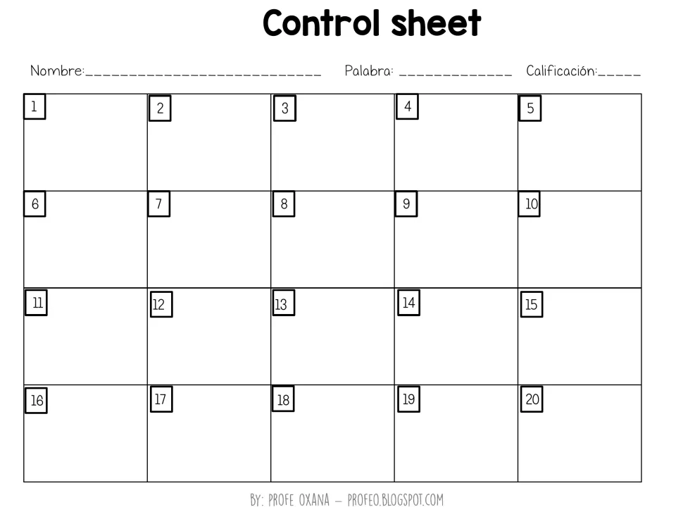 Spanish word work control sheet for tasks 1–20, with spaces for the student's name, selected word, and grade