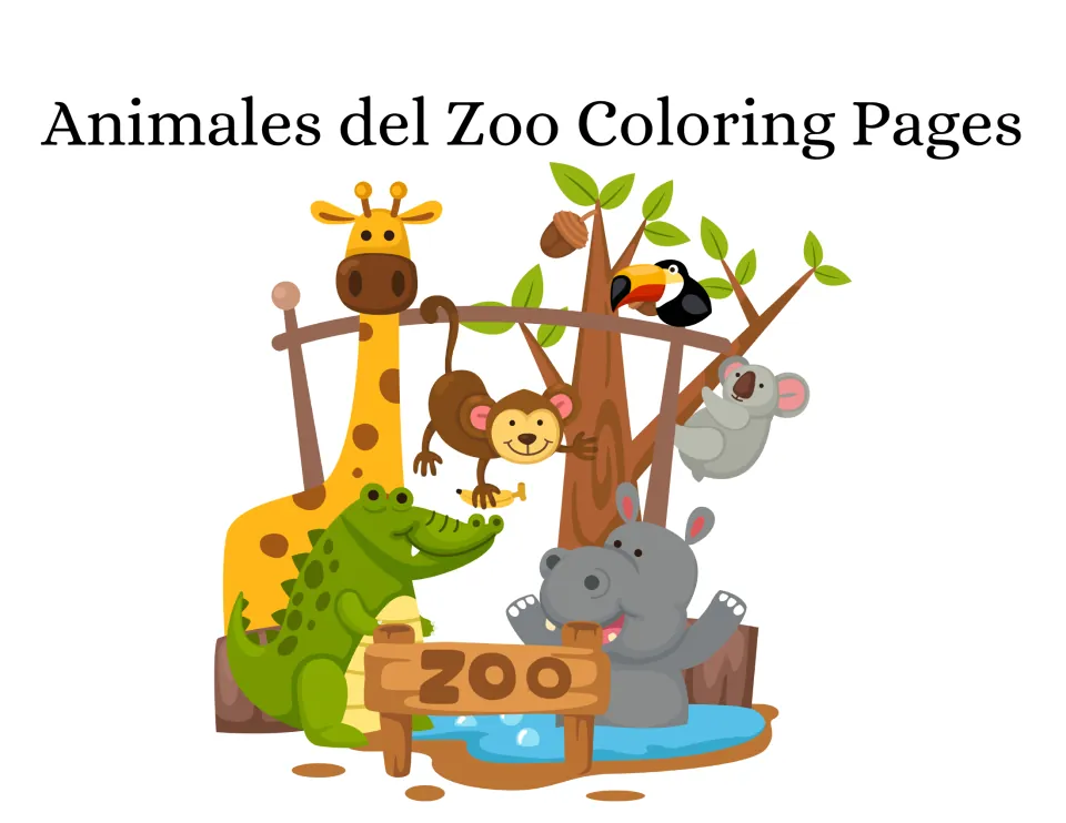 Cover of the Spanish zoo animal coloring resource titled 'Animales del Zoo Coloring Pages' with zoo animals