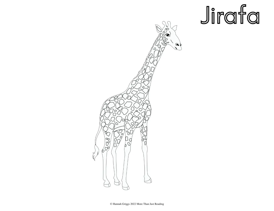 Spanish zoo animal coloring page labeled 'Jirafa' (giraffe), featuring a long-necked giraffe to color