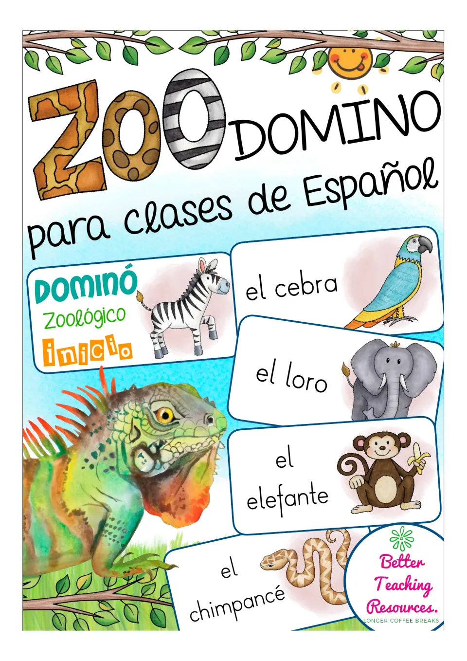 Cover of the Spanish zoo animal domino game, showing sample cards with animal pictures and vocabulary