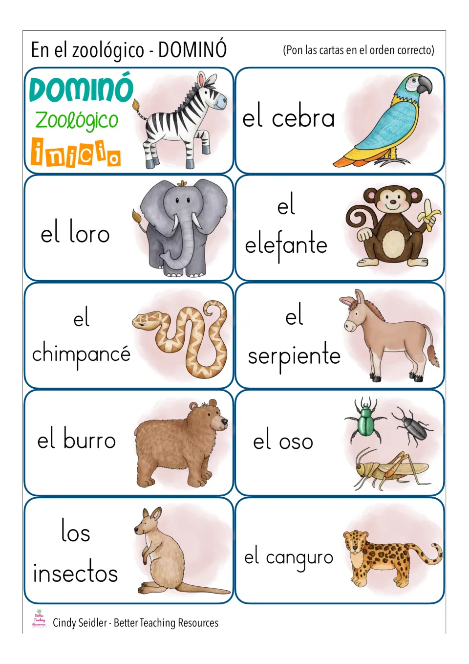 Zoo animal domino cards 1–10: inicio (start), el loro (parrot), el oso (bear) and other animal vocabulary