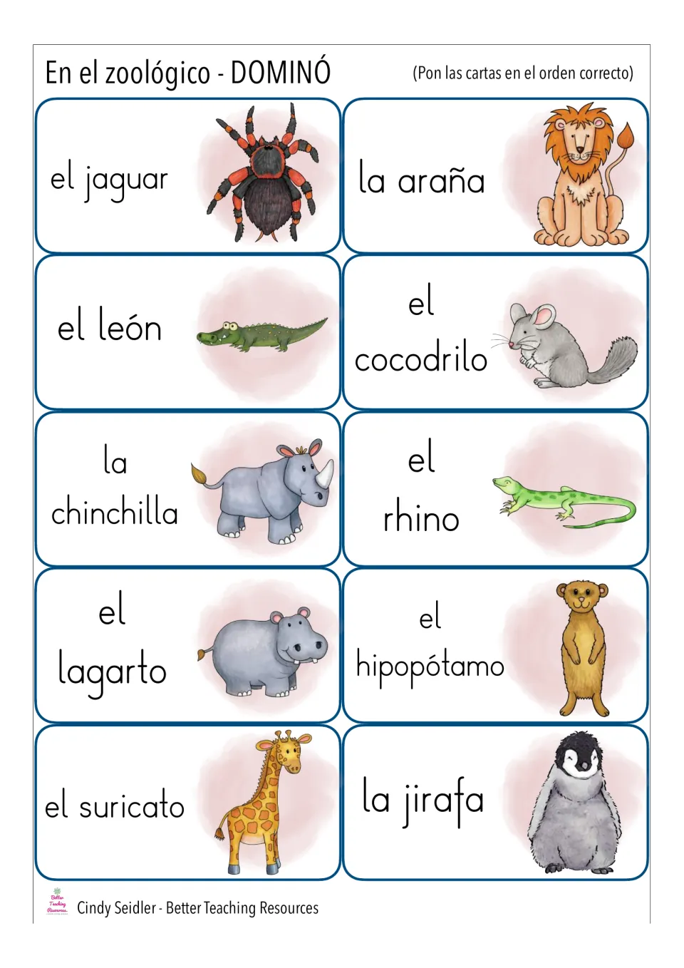 Zoo animal domino cards 11–20: el jaguar (jaguar), la araña (spider), el león (lion) and seven more