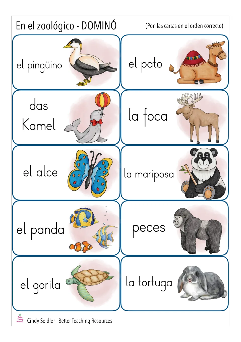 Zoo animal domino cards 21–30: el pingüino (penguin), el pato (duck) and the German label das Kamel (camel)