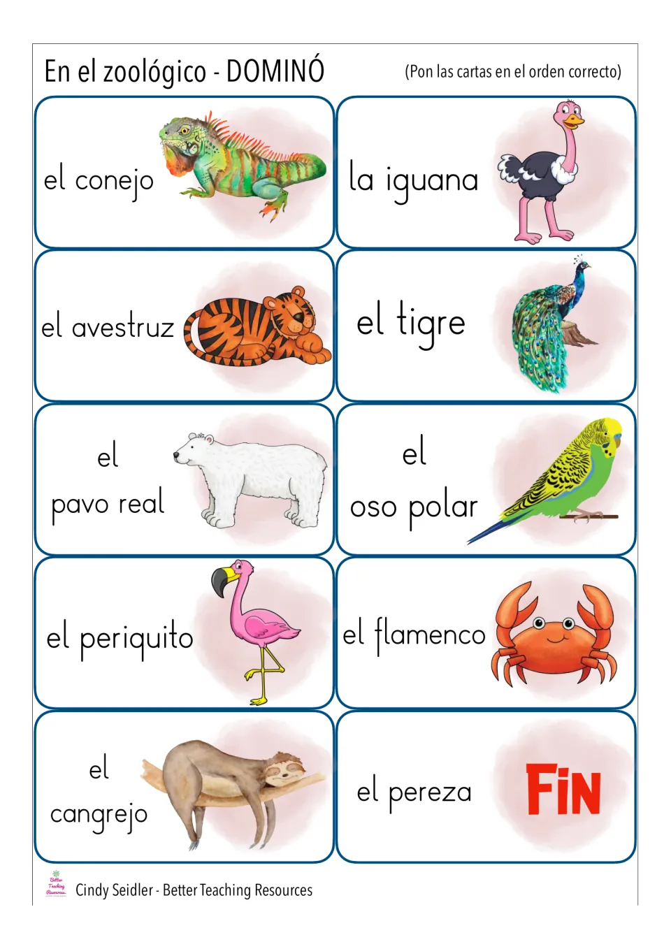 Zoo animal domino cards 31–40: el conejo (rabbit), la iguana (iguana), el tigre (tiger) and Fin (end)