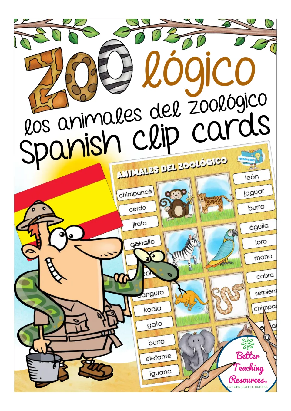 Cover of the Spanish zoo animal clip card resource, labeled 'los animales del zoológico' (zoo animals)