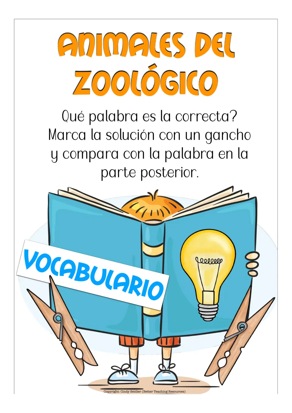 Vocabulary instructions: choose the correct animal word, mark it with a clip, and compare with the back