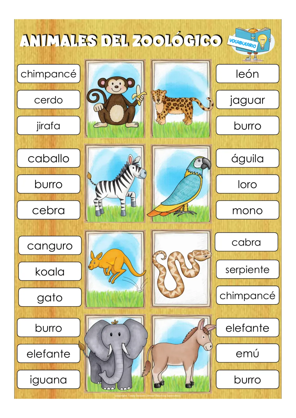 Eight Spanish vocabulary clip cards: chimpancé (chimpanzee), jaguar, cebra (zebra), and five more animals