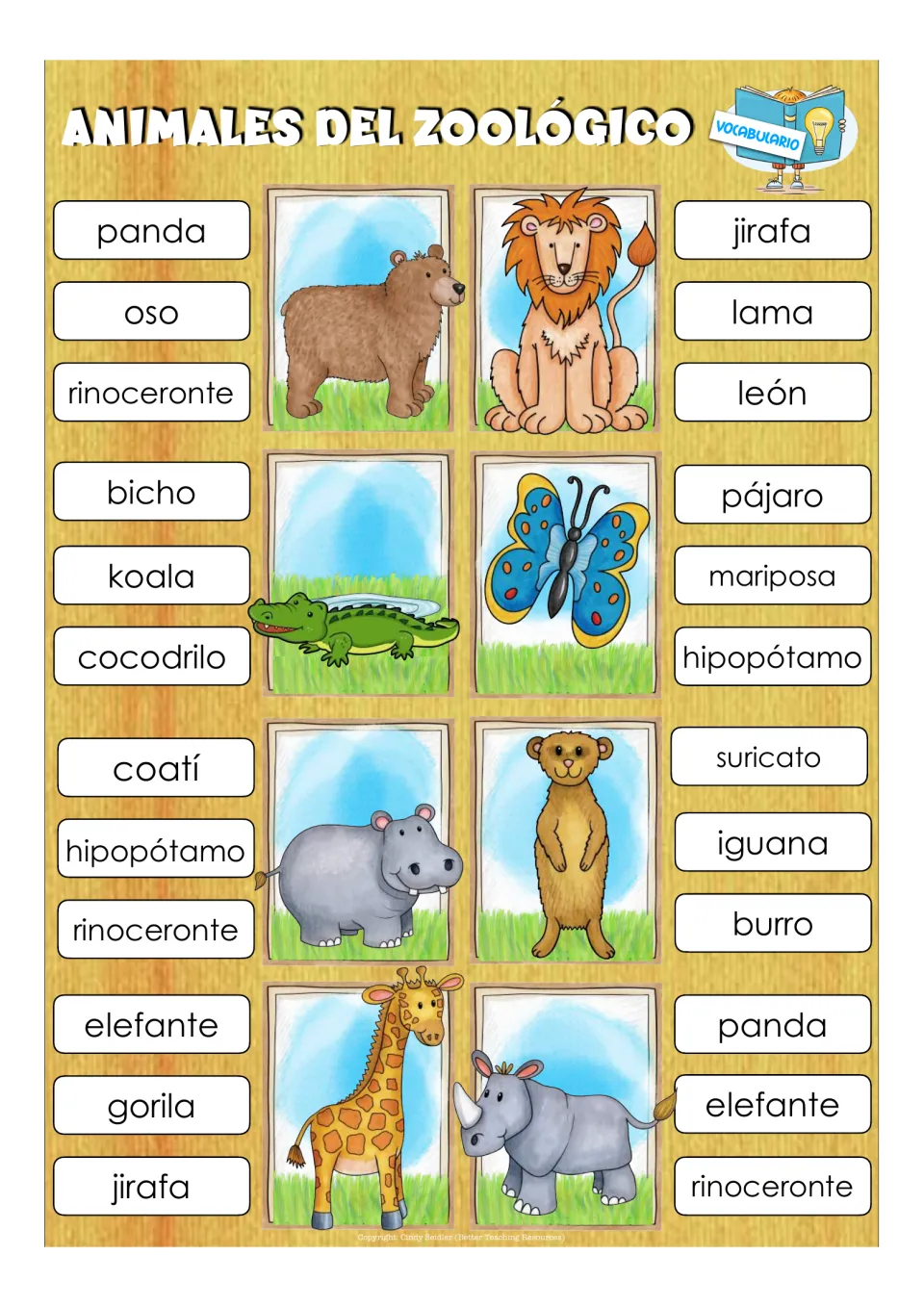 Eight Spanish vocabulary clip cards: oso (bear), león (lion), cocodrilo (crocodile), and five more animals