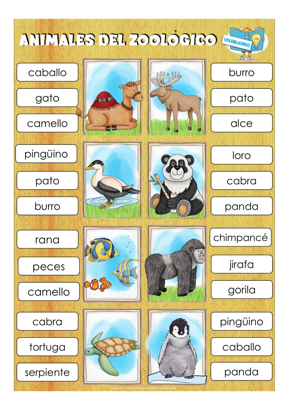 Eight Spanish vocabulary clip cards: camello (camel), alce (moose), pato (duck), and five more animals