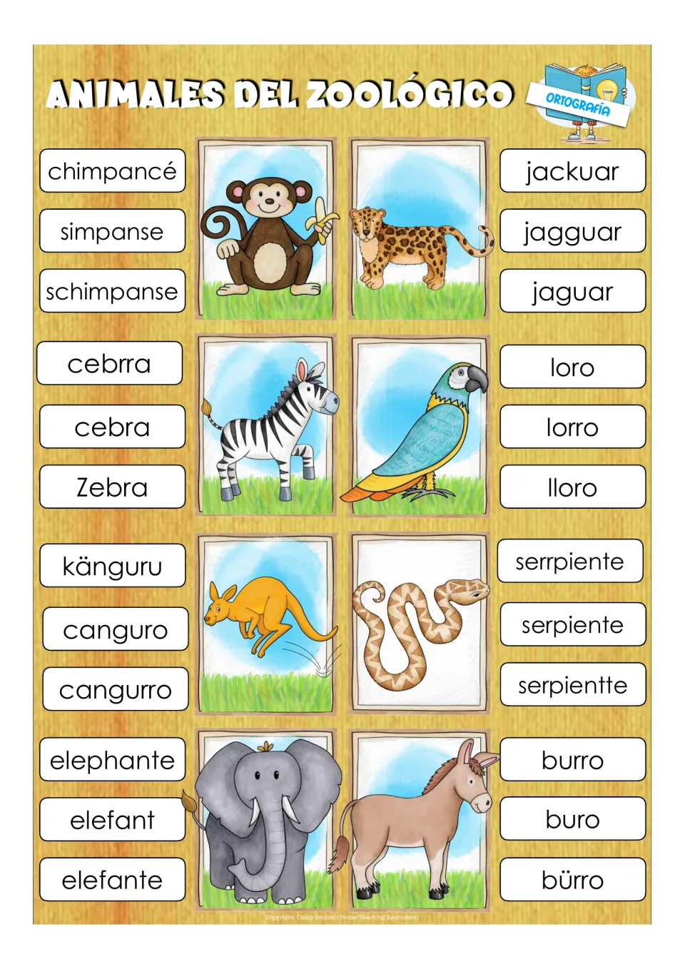 Eight Spanish spelling clip cards: chimpancé (chimpanzee), jaguar, cebra (zebra), and five more animals