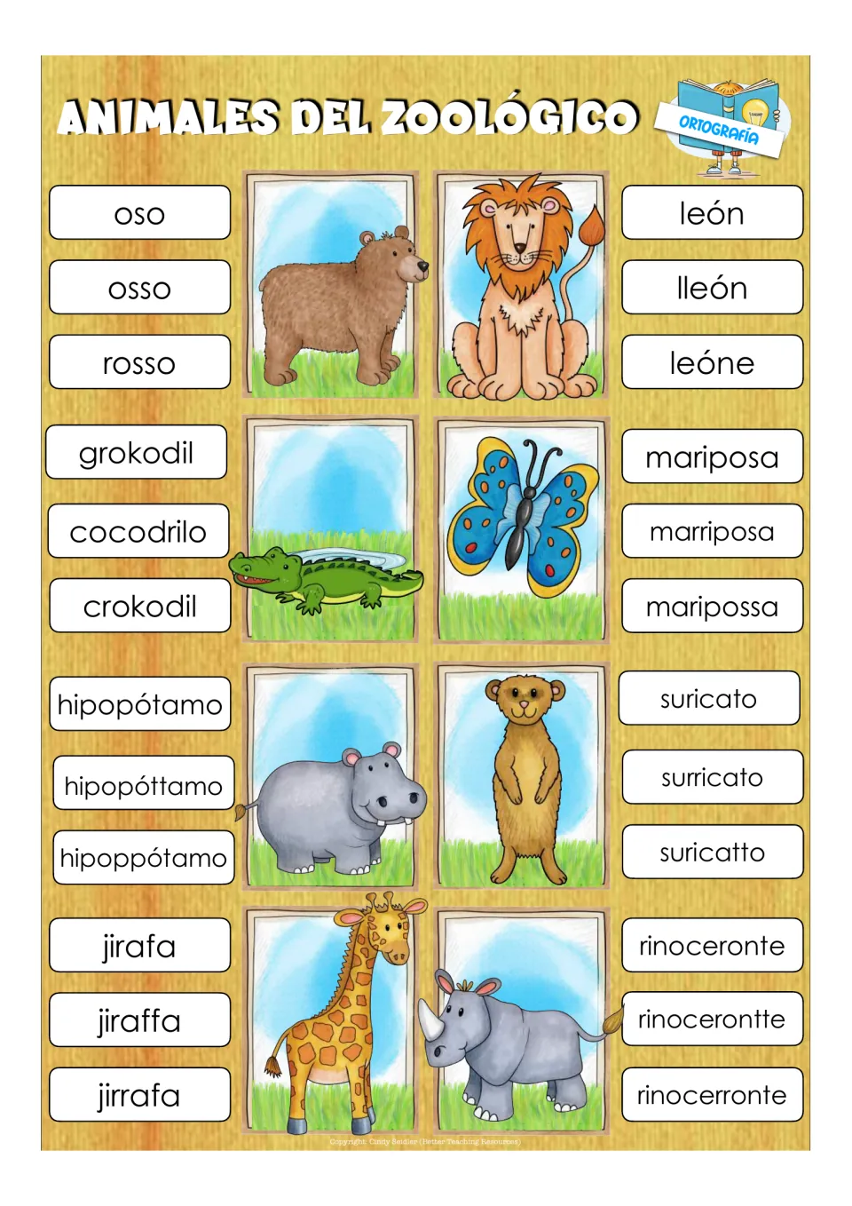 Eight Spanish spelling clip cards: oso (bear), león (lion), cocodrilo (crocodile), and five more animals
