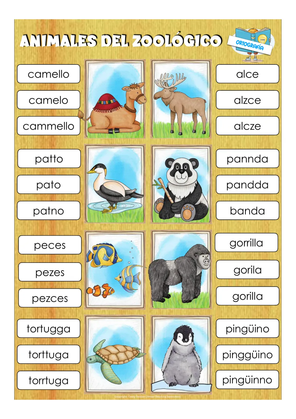 Eight Spanish spelling clip cards for camel, moose, duck, panda, fish, gorilla, turtle, and penguin