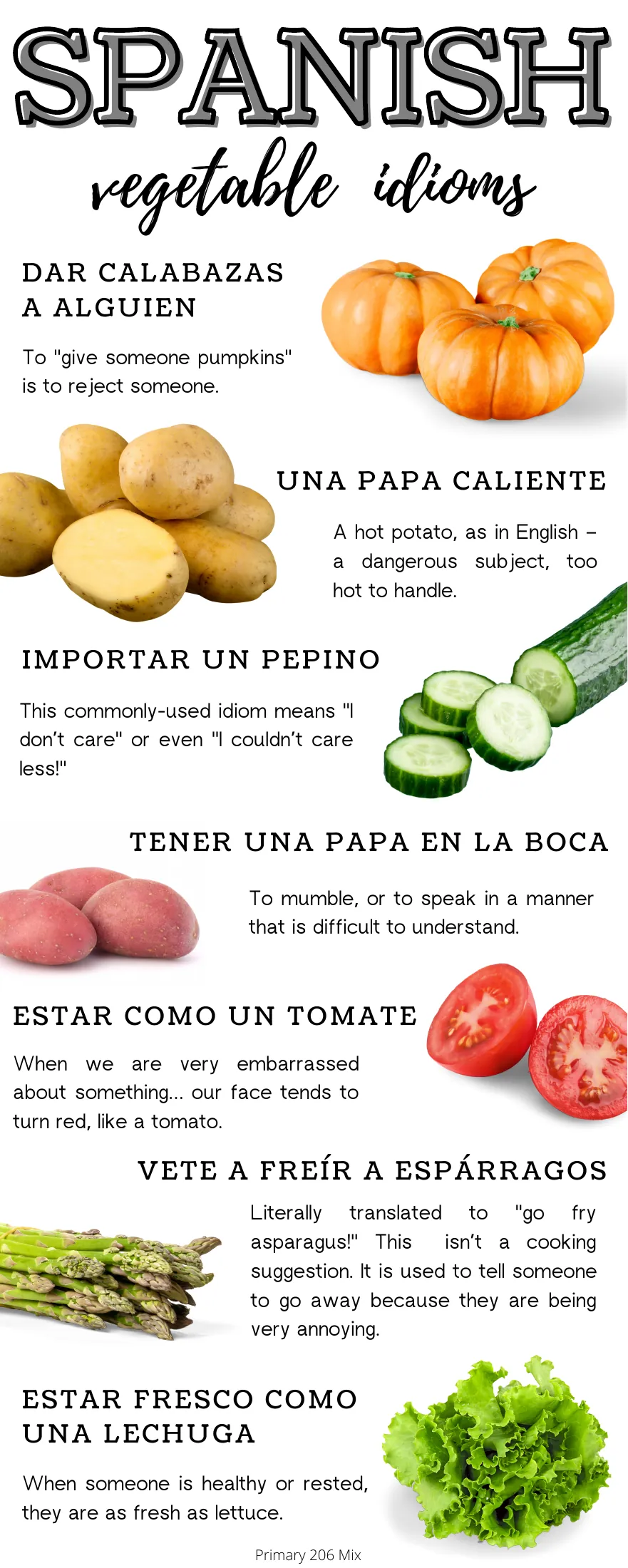 Spanish vegetable idioms: seven sayings such as dar calabazas, importar un pepino and estar como un tomate, with meanings