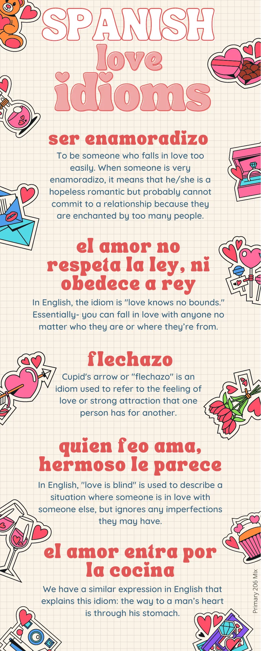 Spanish love idioms: students read five sayings such as flechazo and ser enamoradizo, each explained in English