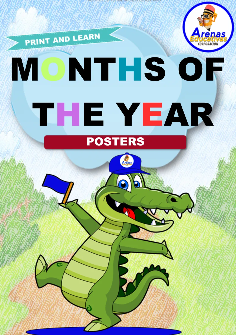 Cover of Months of the Year posters, a Print and Learn set by Arenas Educativas, with a smiling crocodile waving a flag