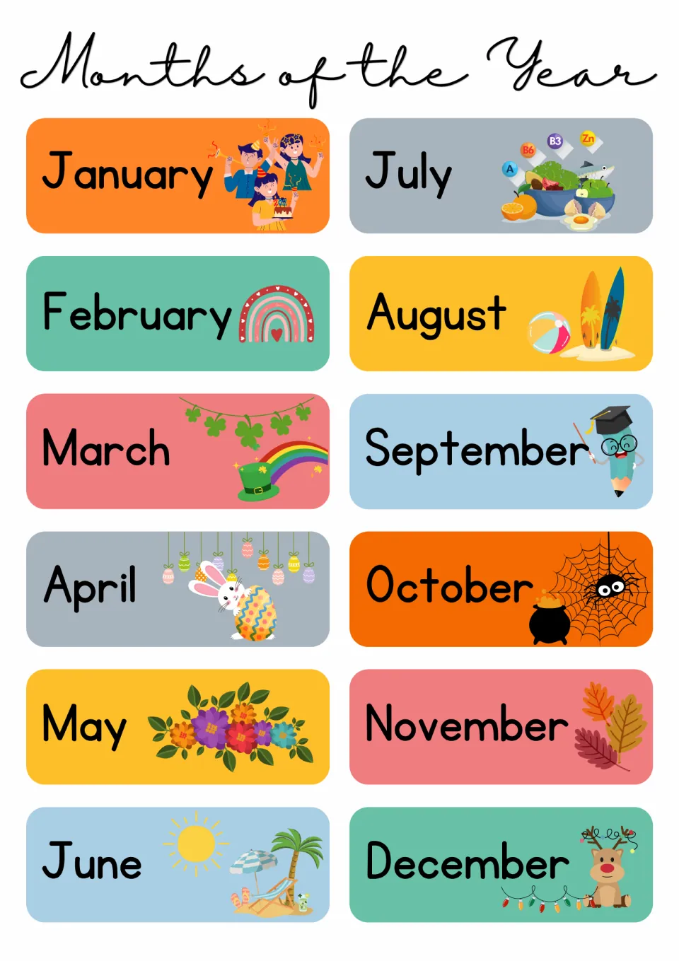 English months poster listing January through December, each paired with a seasonal picture like a rainbow or spider
