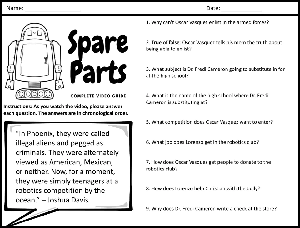 Movie viewing questions 1-9: students answer in order about Oscar Vasquez enlisting, the robotics club and a competition