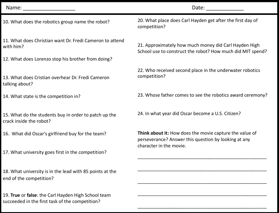 Movie questions 10-24 on the robot build and competition results; students then write about a character's perseverance