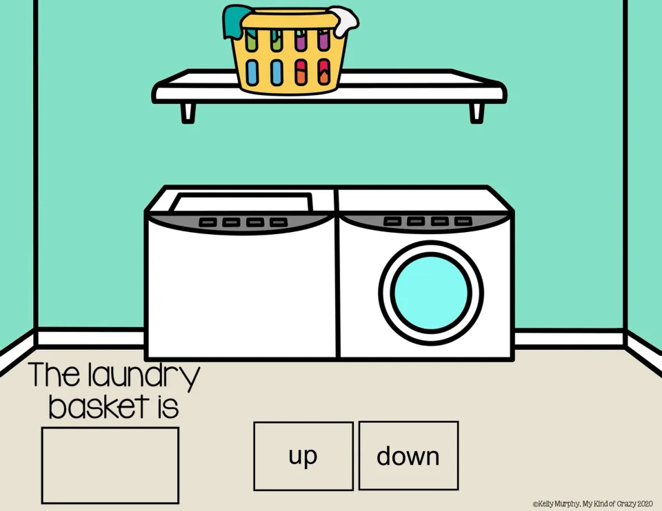 Spatial concepts slide: 'The laundry basket is' with up/down choices and a basket on a high shelf.