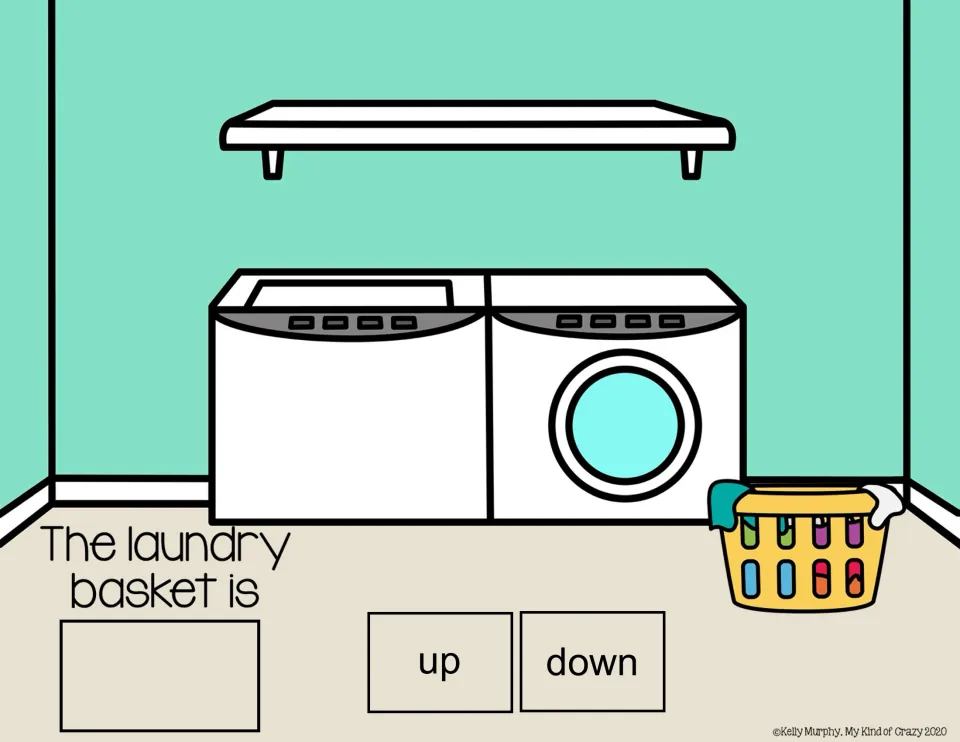 Spatial concepts slide: 'The laundry basket is' with up/down choices and a basket down on the floor.