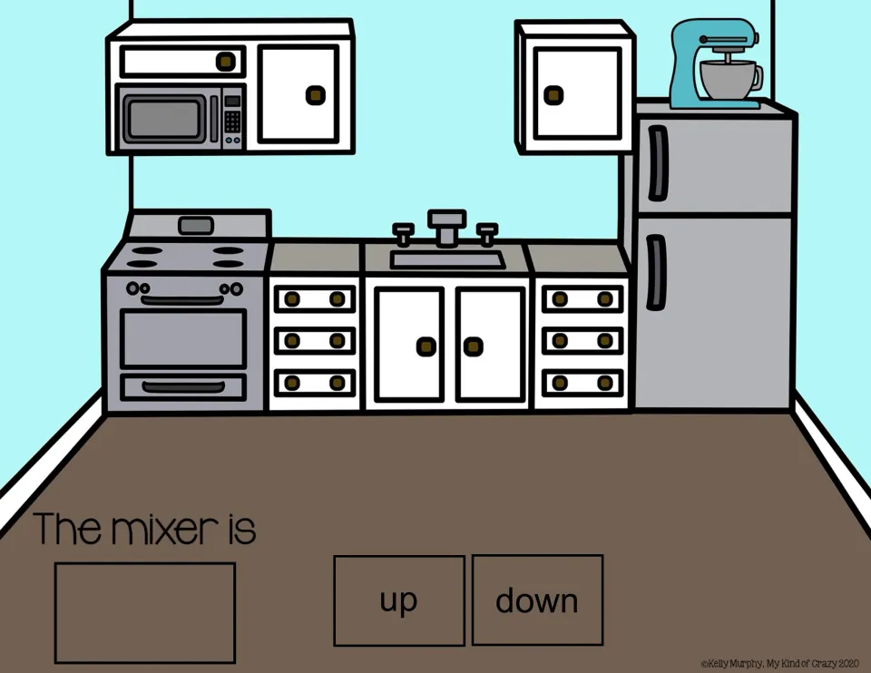 Spatial concepts slide: 'The mixer is' with up/down choices and a stand mixer on top of a refrigerator.