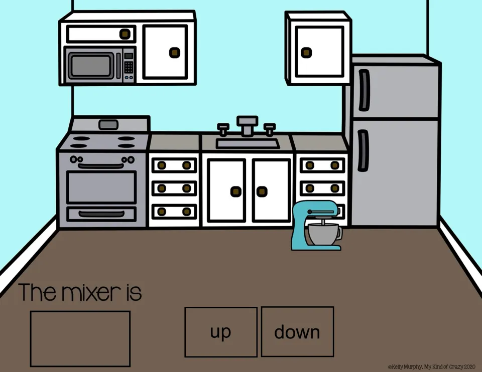 Spatial concepts slide: 'The mixer is' with up/down choices and a stand mixer down on the kitchen floor.