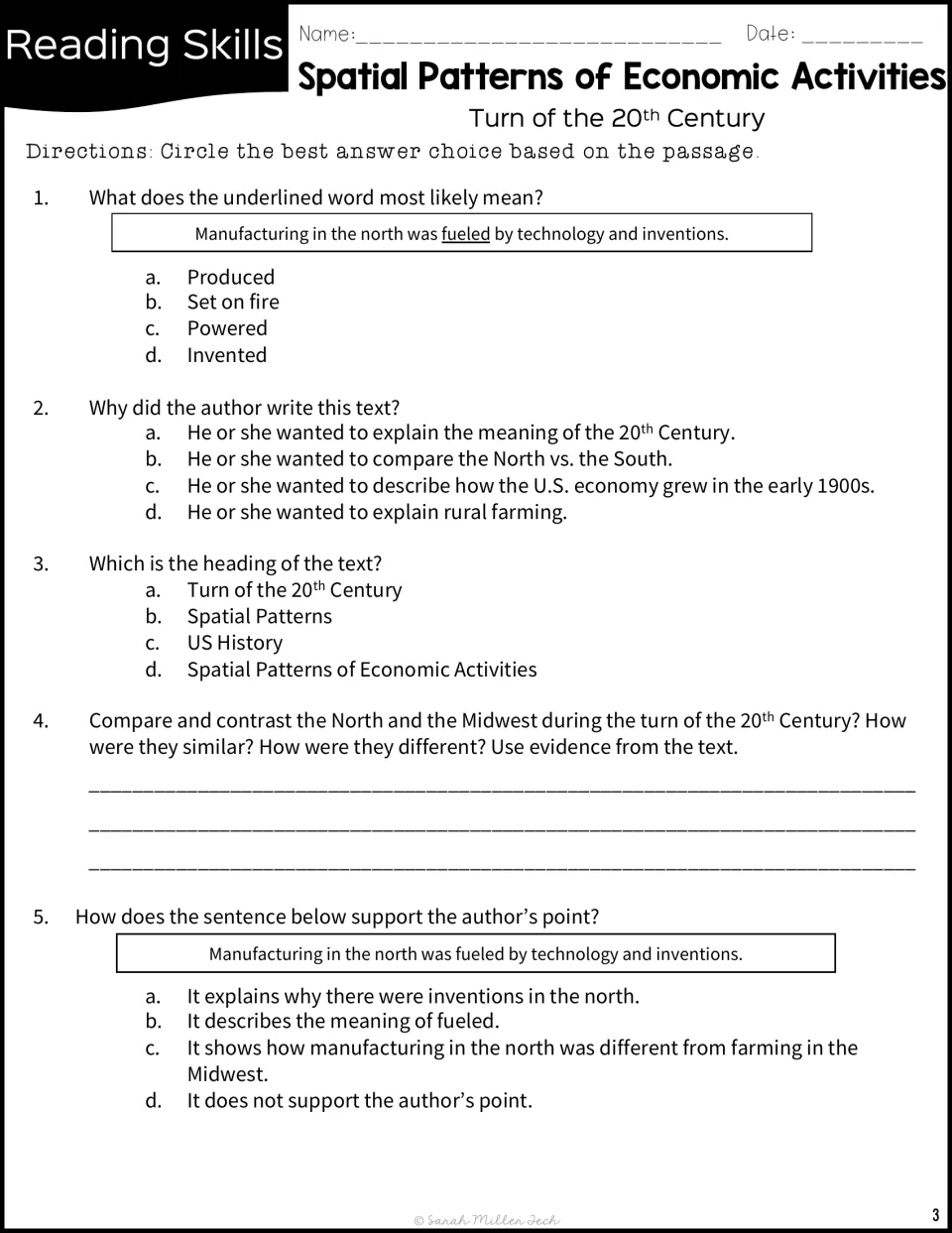 Reading questions on the meaning of fueled, author's purpose, the heading, and North–Midwest comparisons
