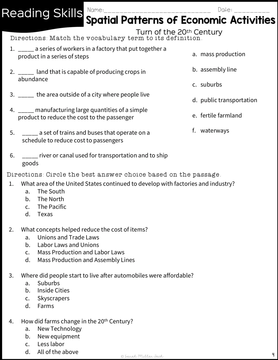 Six vocabulary matches and four questions about Northern industry, production costs, suburbs, and farming