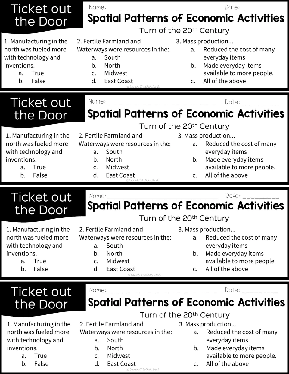 Four identical exit tickets ask about Northern manufacturing, Midwest resources, and mass production